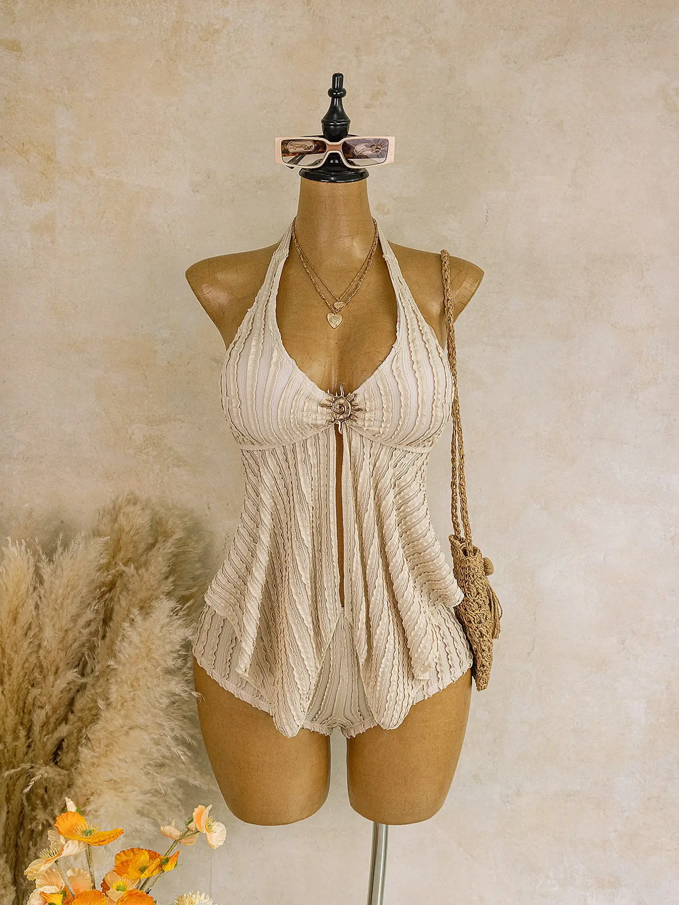 Women's Summer Peach Color Vertical Texture Halter V-Neck Swimsuit Set, Sun Button Split Skirt Bottoms, Beach Party Two-Piece Swimwear, Tankini Swimsuits Sets
