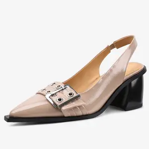 CELNEPHO Slingback Heels for Women Buckle Strap Pointed Toe Elastic Closure Slip On Chunky Block Heels Womens Pumps Comfy Soft Sandals