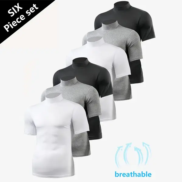 6pcs Men'S Breathable High-Neck Short Sleeve T-Shirt Set - Stretchy, Perfect For Fitness, compression shirts for men Summer Essentials|Breathable Fabric|Stretchy Material quick-dry breathable stretch fabric lsu tiger men Streetwear Crewneck Tshirt summerw