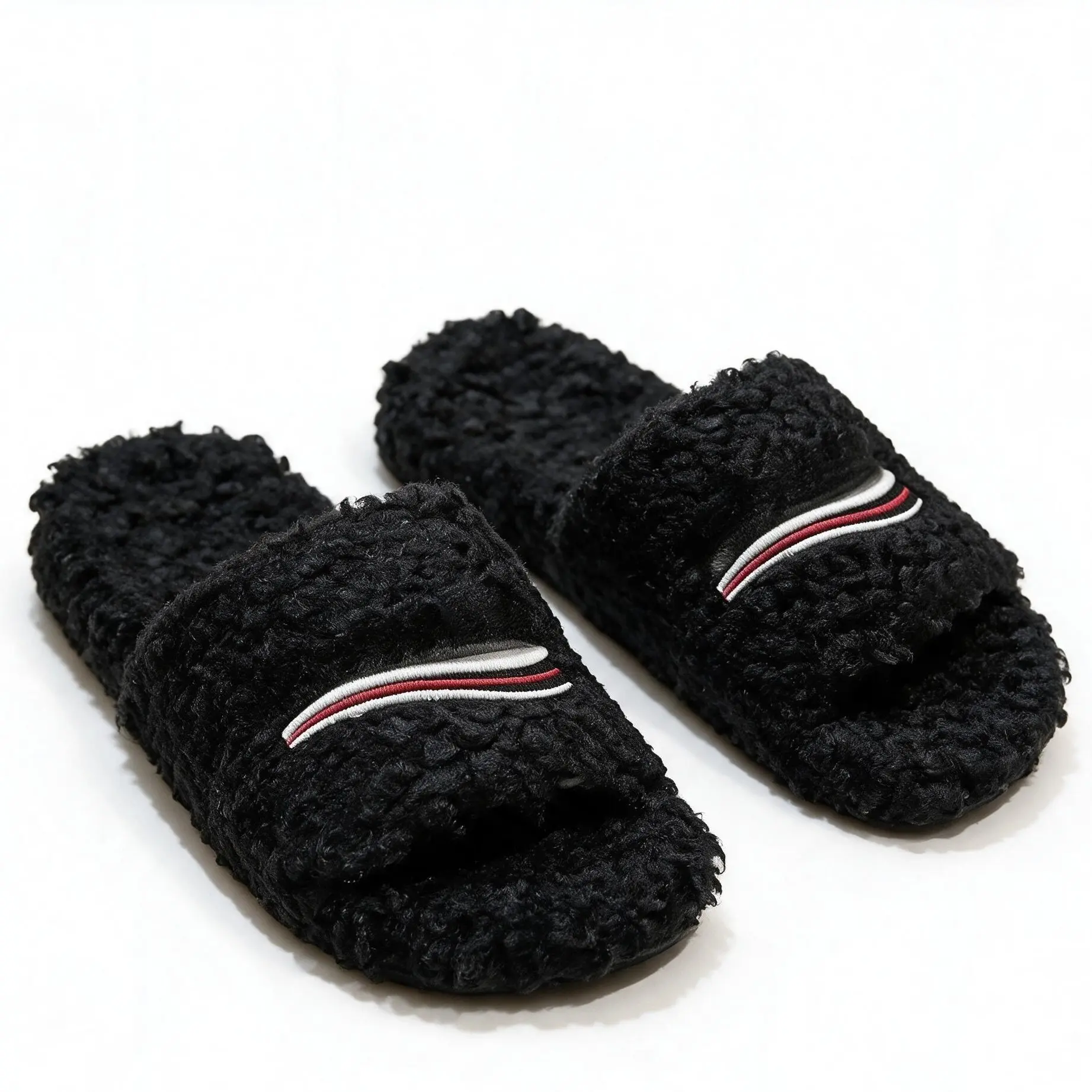 Unisex Striped Embroidered Soft Stylish Fur Slides Footwear, Warm Fluffy Open-Toe Plush Slippers for Indoor-Outdoor Winter Casual Use