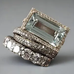SOCIALITE STACK Cocktail Rings - Three-Piece Set with Emerald-Cut Zircon & Pavé Bands - Silver-Plated Copper Alloy - Stackable for Nights Out & Special Events