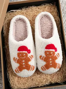 Christmas Plush Slippers, Creative Gingerbread Embroidery Design, Warm Indoor Outdoor Non-Slip Shoes for Men Women Fall Winter