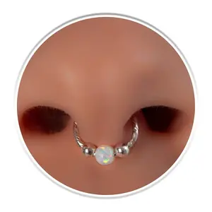 Sterling Silver Fake Septum Ring 20 Gauge 925 Silver Faux Septum Hoop 3mm White Opal 20g Hypoallergenic - Thin Flase with No Piercing Needed