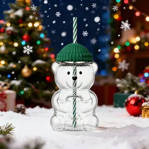 Teddy bear straw cup water cup with lid glass bear shape creative glass transparent glass water cup