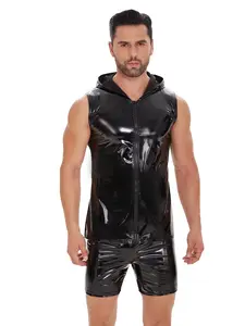 Men's Shiny Leather Vest, Full Zip PU Metal Texture Hoodie, Sleeveless T-Shirt, Casual Style, No Ca Prop 65 Warning