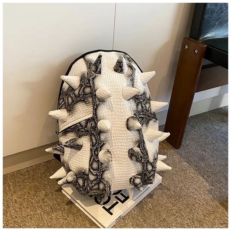 Unisex PU Leather 3D Spikes Hedgehog Backpack - Quirky Creative Sea Cucumber Design, Lace-Accented Functional Cycling Backpack