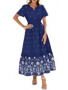 BTFBM Womens Summer Dresses 2026 Casual Short Sleeve Elastic Waist Flowy Beach Vacation Floral Boho Maxi Dress Pockets