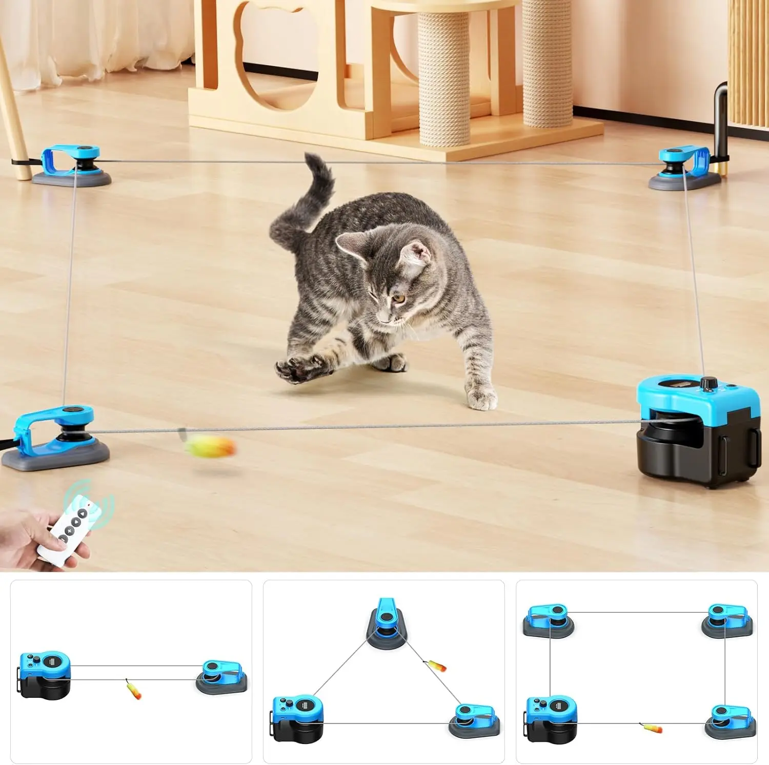 AsFrost Upgraded ABS Plastic Cat Feather Toy Treadmill (2pcs) - Auto/Manual Remote Control, Adjustable Speed (1500-3000 rpm), Chase Simulation, Built-In Safety Mode, Feather Lure, Sky Blue, for Indoor Kitties