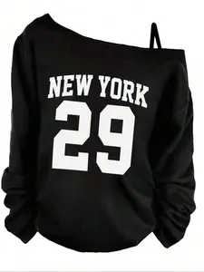 Women's Off-Shoulder Sports Top Long Sleeve Adjustable Straps New York & Number 29 Print Casual Loose Fit Outdoor Fashion Activewear T Shirt