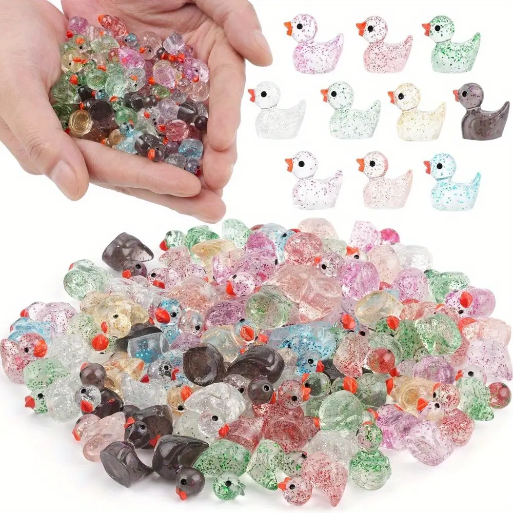 Colorful Glittery Pink Mini Resin Ducks - Resin Figure, Rustic 3D Decor Art Toy, Cute Collectible Transparent-Body Animal Decoration for Dollhouse Pretend Play & DIY Crafts Home Supplies