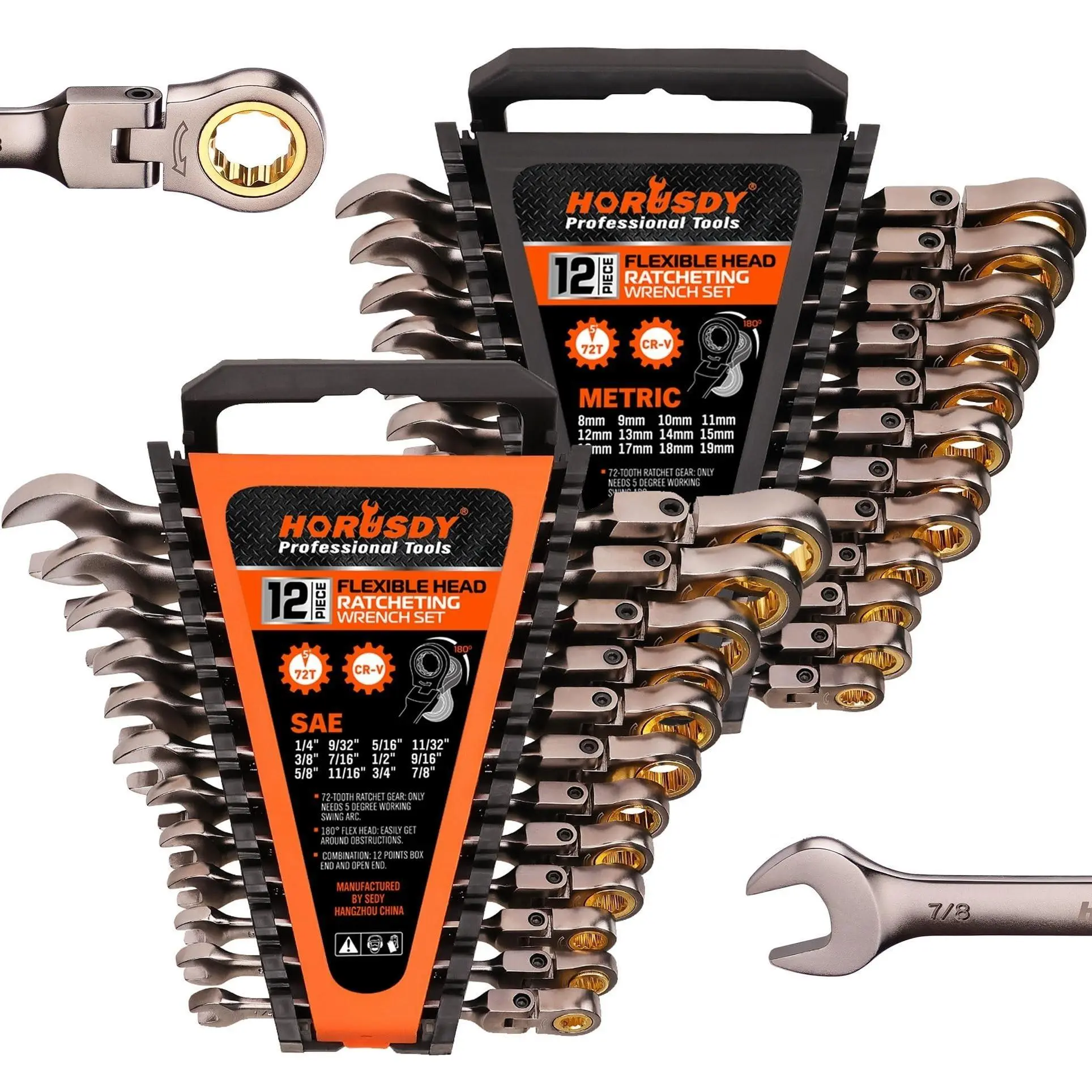 HORUSDY 24-Piece Metric & SAE Flex Head Ratcheting Wrench Set 72 Teeth Ratcheting Wrench Set with 180° Flex Head Ratchet Wrenches Set For Auto,Machine Repair