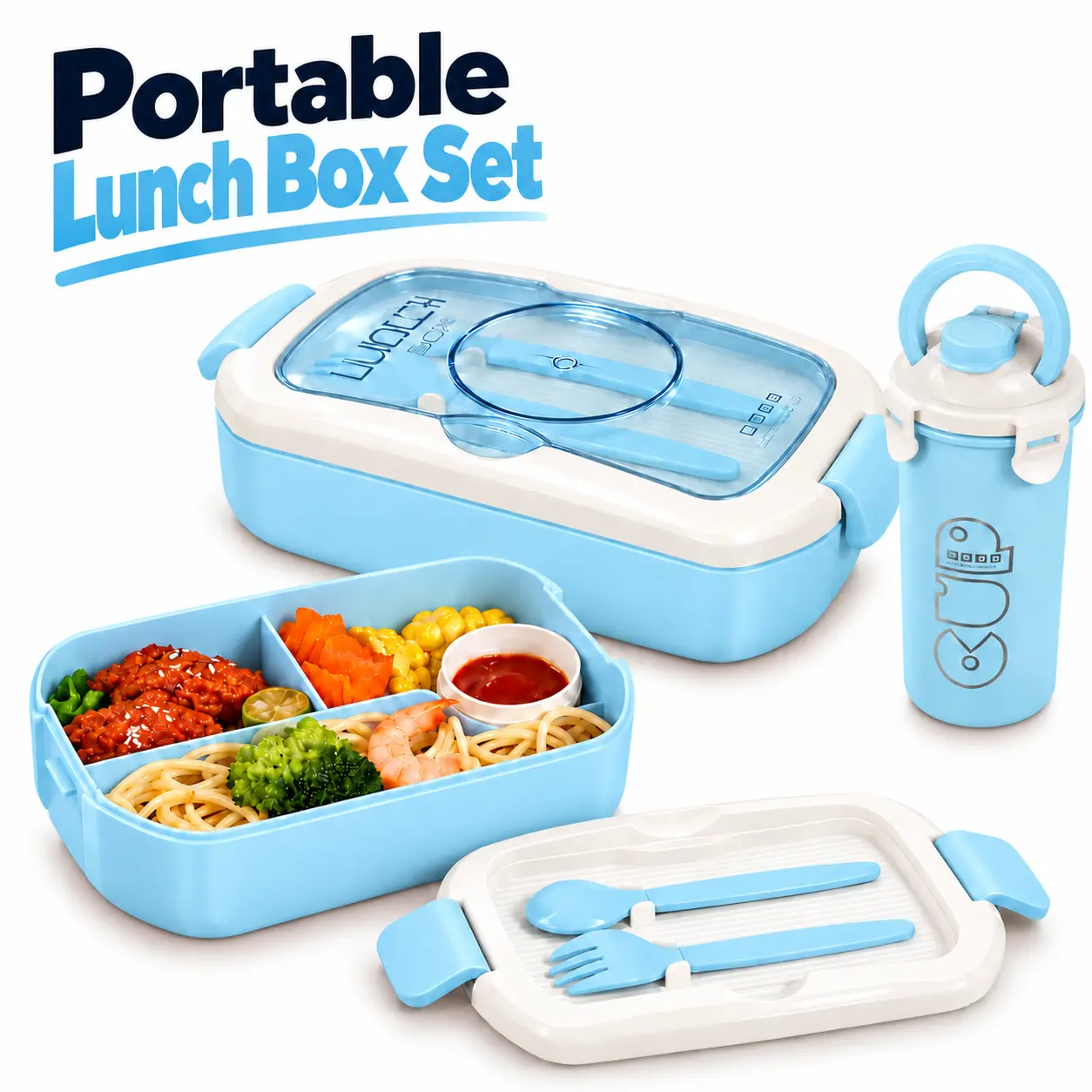 Stylish Compartmental Bento Lunch Box Set with Lid, Microwave Oven Safe, Utensil Storage, Sauce Cup (for Ketchup), Portable Meal Prep Container for Adults, School Work Use