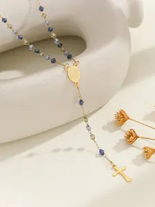 Women's Stainless Steel Chain Necklace with Crystal Beads & Cross Design Pendant, Casual All-Season Jewelry Accessory for Women