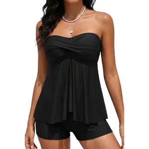 Tempt Me Women Strapless Tankini Swimsuits - Two Piece Halter Bathing Suit Bandeau Flyaway Top with High Waist Swim Shorts  SwimWeek  summervibes