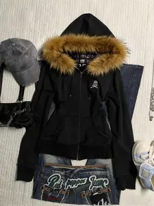 Women's Fleece-Lined Hoodie Jacket, Loose Fit Long Sleeve, Winter Warm Home Wear, Casual College Style, Skull Graphic Print Design, Womenswear, Outerwear