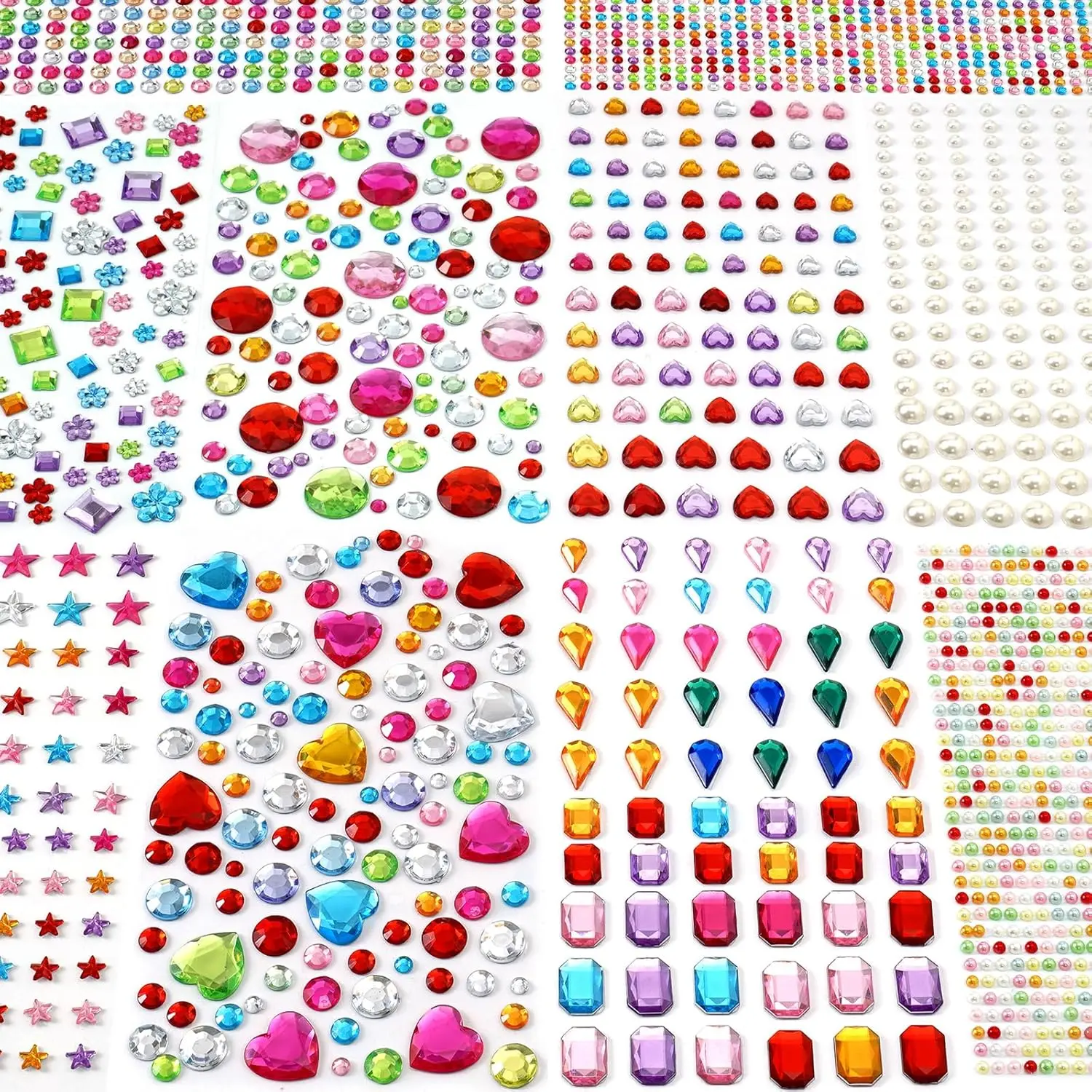 2774pcs International Assorted Self-Adhesive Acrylic Glitter Gem Stickers - Square, Heart Bling Jewels, Kids' DIY Craft Supplies for Birthday Cards, Halloween, Thanksgiving, Easter, Valentine's Day