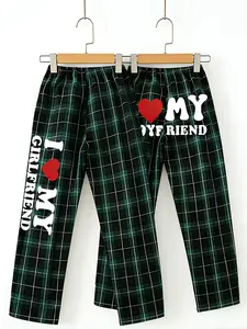 Trending Couples Matching Green Black Plaid Checked Pajama Pants, Pyjamas 'I Love My Girlfriend' 'I Love My Boyfriend' Graphic Print Soft Comfy Sleepwear Loungewear Bottoms for Valentines Day Anniversary Couple Goals Casual Homewear Nightwear
