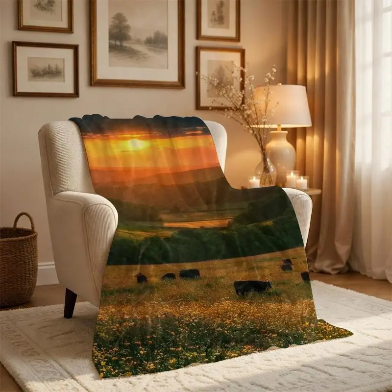 Cottagecore Countryside Sunset Throw Blanket - Soft, Cozy Cow Theme Blanket with Highland Cattle on Meadow, Rustic Farmhouse Decor for Couch, Nature Lovers Gift, Cow Theme Blankets