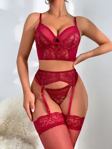 Five piece set of sexy lingerie elegant, romantic, hot and tempting, with a pair of stockings and lace comfortable women's sexy lingerie set as a gift garterbelt sensual sheer teddy bra adjustable  Halloween  french cut underwear curvy clean girl style
