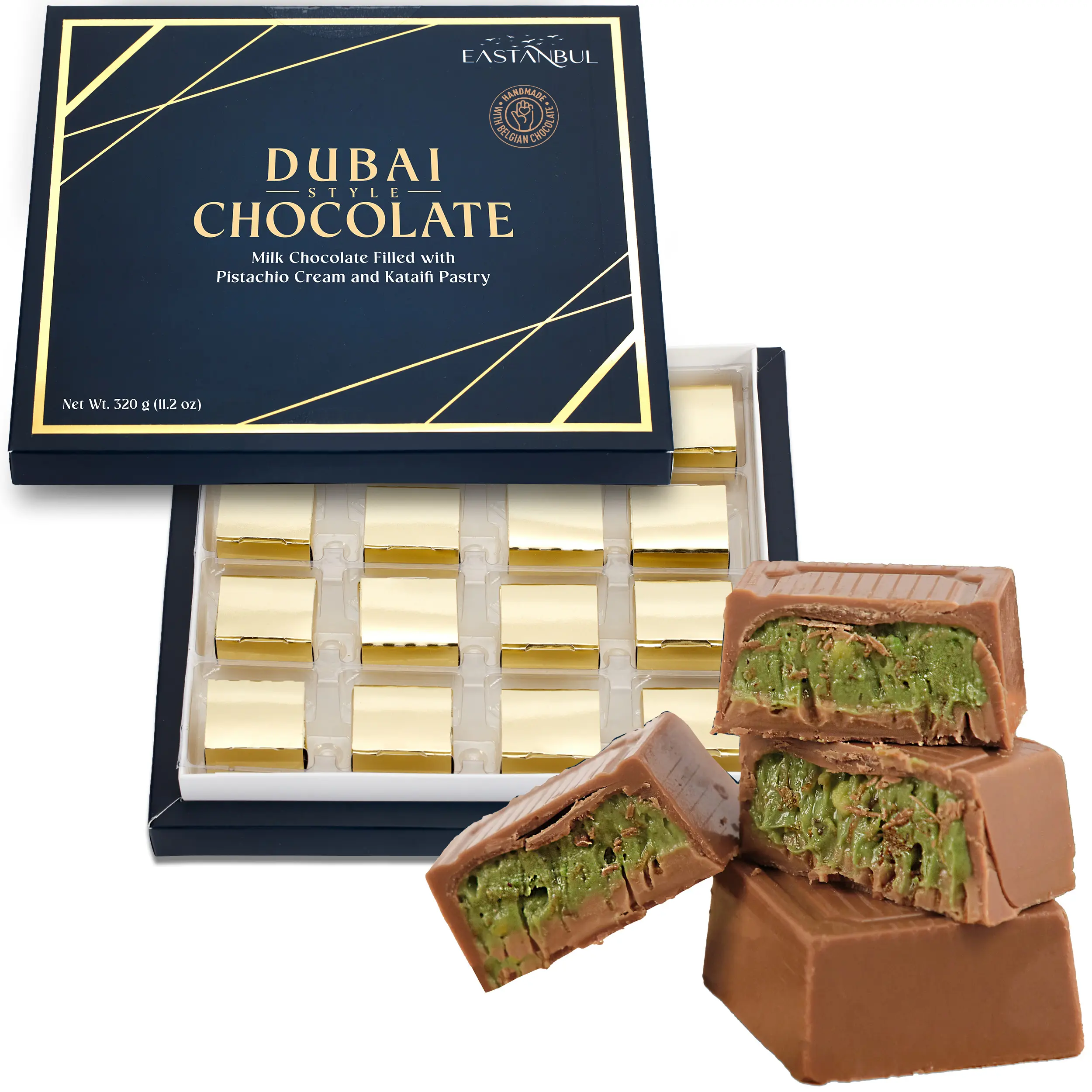 Eastanbul Dubai Chocolate Gift Box, 16 Pieces Milk Chocolate with Pistachio Filling, 11.3oz Premium Assorted Chocolates Creamy Dessert
