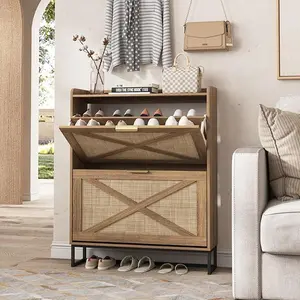 [SummerVibes] Vabches Wood Shoe Storage Cabinet - Footwear Organization Space Saver with 2 Rattan Flip Drawers, Adjustable Natural Wood Rustic Oak Design, Hidden Golden Handles, Metal Legs for Narrow Entryway