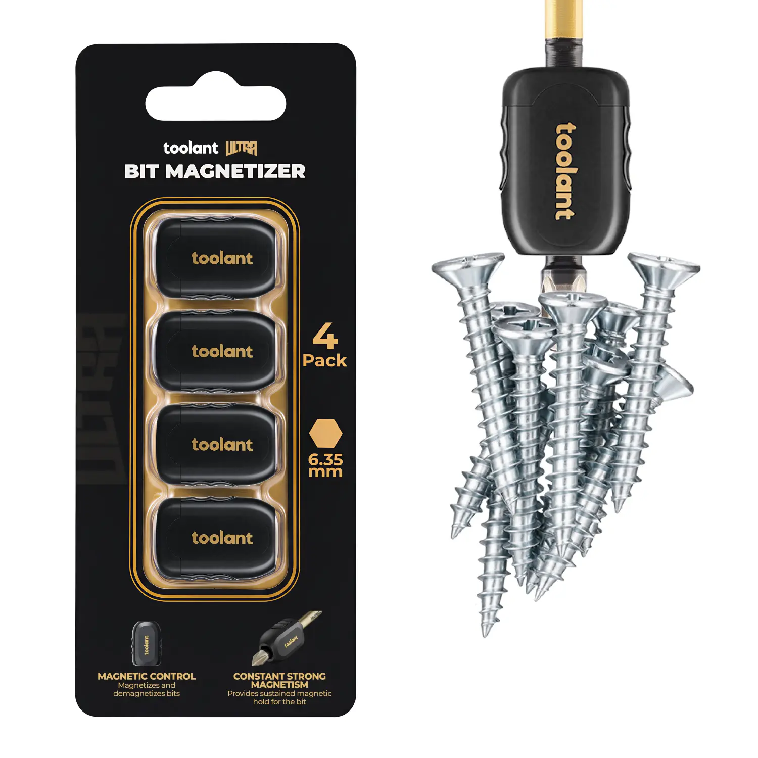 Toolant 4 Pack Bit Magnetizer-Demagnetizer Ring - Compact, Portable, Durable ABS Plastic Magnetic Tool Holder with Hex Pass-Through for Screwdrivers, Drill Bits, Home Improvement, Woodworking, On-Demand Magnetize & Demagnetize