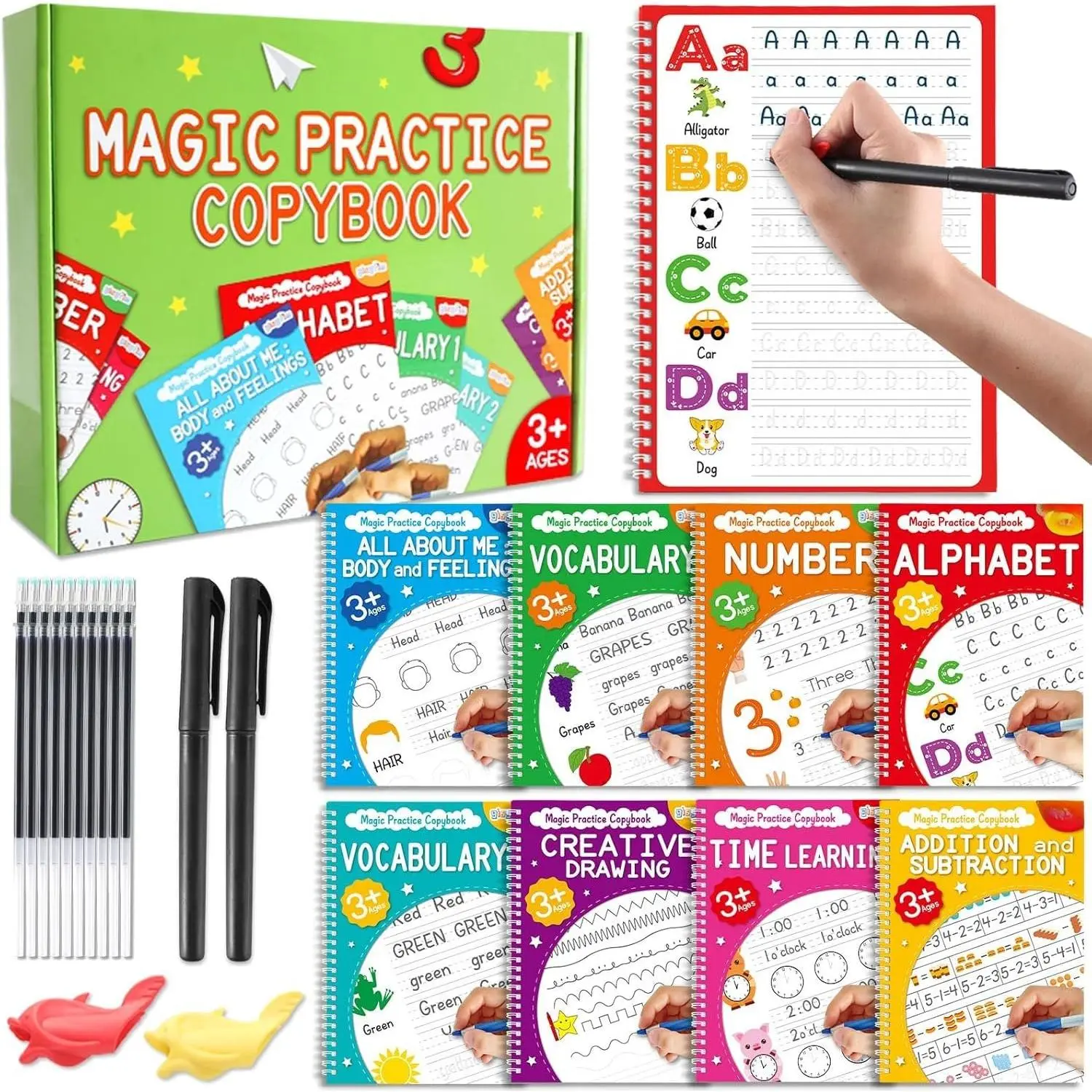 8 Pack Magic Grooved Handwriting Practice Books with Disappearing Ink Pens, 10 Refills, 2 Pencil Grips, Letter-Number-Math Tracing Copybooks (10.2x7.3 Inches/25.9x18.6 cm) for 3-8 Year-Old Kids, School & Educational Office Stationery Supplies