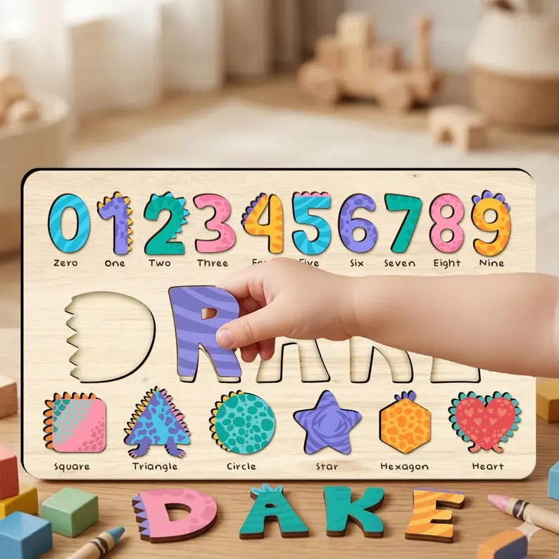Personalized Name Puzzle Board for Kids,Custom Wooden Name Puzzle with Numbers,Geometry Shapes, ABC Shape & Number Puzzle,Baby Birthday Gift