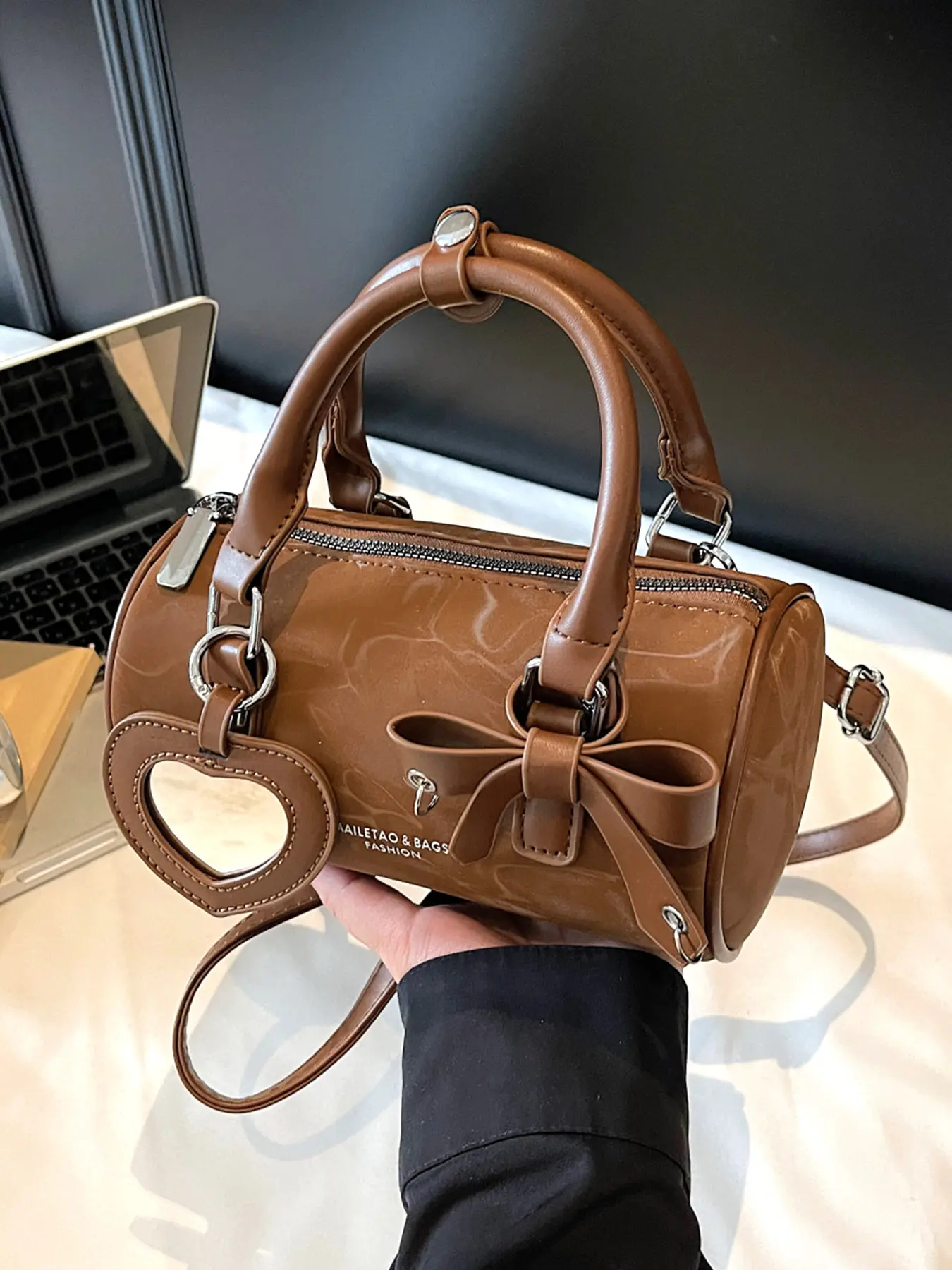 Retro handbag, heart-shaped pendant bow, small, stylish cute square bag, Aesthetic cross body bags, niche design casual handbag, Casual trendy handbag, Pu Leather Handbag