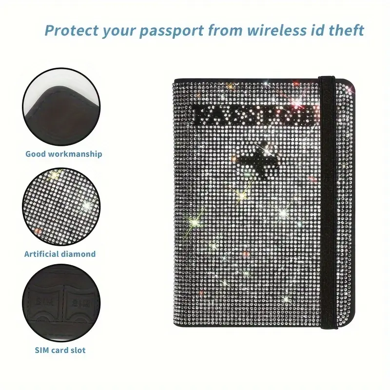 1 piece artificial crystal, artificial diamond women's key bag, handbag, passport case, travel passport case, women's PU leather shiny rhinestone card case. Durable Security