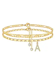 14K Gold Plated Dainty Layered Chain Lobster Clasp CZ Initial Anklet Set, Summer Jewelry Gifts for Women