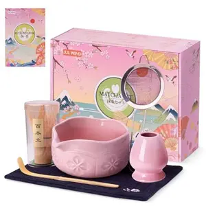 Matcha Whisk Set, Ceramic Matcha Set Includes Bowl with Spout, Whisk and Holder, Bamboo Scoop, Sifter and Tea Towel - 6 Pcs Matcha Kit Gift for Lovers Beginners (Pink)