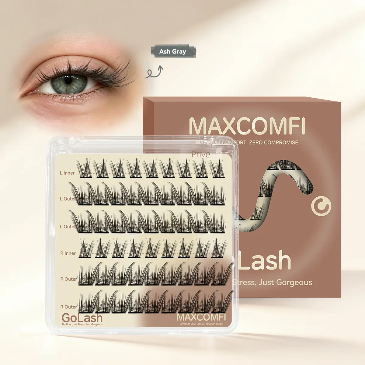 Maxcomfi Ash Gray Privé No Glue Lash | Winged Manga Individual Lashes Left & Right Split Design, Pre-Mapped Split Left & Right Eye Eyelashes, Reusable Self-Adhesive False Lashes For Teen & Young Girls Daily Makeup