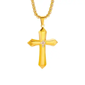 Titanium steel cross diamond pendant necklace punk trendy men stainless steel pendant