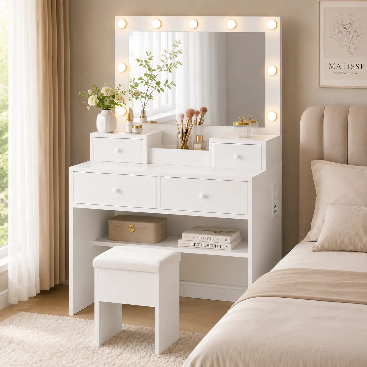 【 Limited-Time Offer 】DAYAGO Modern Mirrored Dressing Table Set with Adjustable LED Lights, 4 Drawers, Power Strip, Vanity Chair Stool, White Bedroom Makeup Vanity, Ideal Women's Christmas Gift