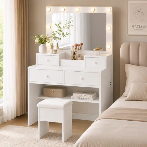 【 Limited-Time Offer 】DAYAGO Modern Mirrored Dressing Table Set with Adjustable LED Lights, 4 Drawers, Power Strip, Vanity Chair Stool, White Bedroom Makeup Vanity, Ideal Women's Christmas Gift, Storage, Makeup Organization