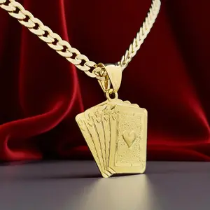 MaxBling81 Brass Gold Plated Lucky Royal Flush Poker Card Pendant, 14K Stamped 6mm Cuban Chain Necklace (20" or 24"), Men's Jewelry, Hip Hop Celeb Style High-End Daily Wear
