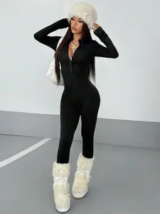 Women's Simple Style Jumpsuit, Skinny Jumpsuit, Sporty Jumpsuit, Streetwear Long Drawstring Half Zip Jumpsuit, Yoga Sport Commute, Gift Choice, Fashion Trendy Comfortable, Sporty Comfy Jumpsuit, Sportswear Jumpsuits