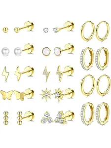 Flat Back Gold Earrings for Women Trendy Hypoallergenic Steel Earrings for Sensitive Ears-20G Cartilage Earring Stacks 14K Gold Plated Small Flatback Stud Hoops Cartilage Earring Set