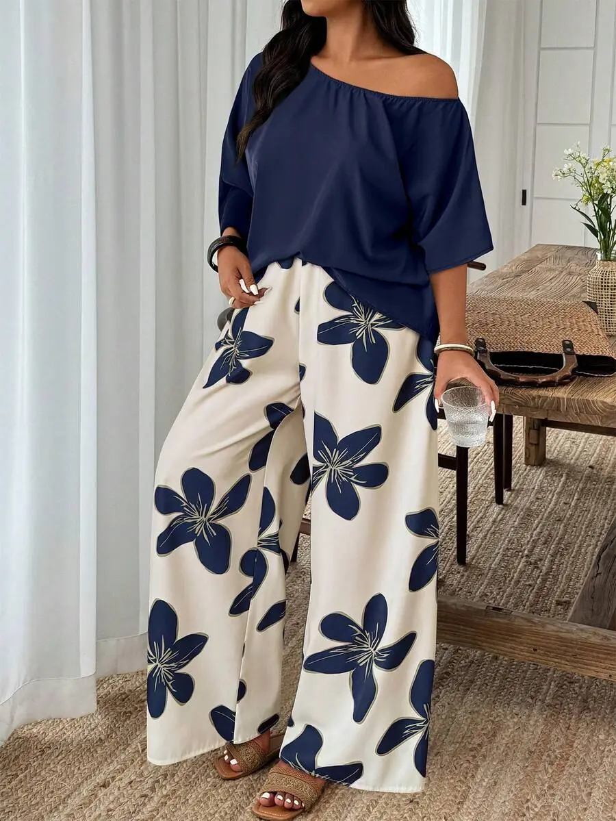 Women's Plus Size 2-Piece Boho Style Woven Outfit - Asymmetrical Neck Long Wrist-Length Batwing Sleeve Blouse, Multicolor Wide Leg Pants, Loose-Fitting Oversized Fit, Elastane-Polyester Blend, Ramadan Print Bottom Set