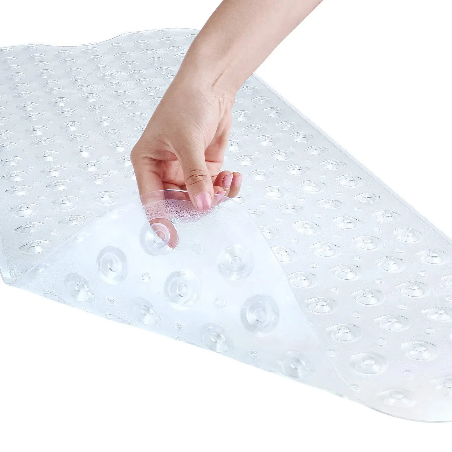Large Hexagonal Rubber Bath Tub Shower Mat - 39x16 in, Machine Washable, Suction Cups, Drain Holes for Drainage, Soft on Feet, Bathroom Essential Floor Liner