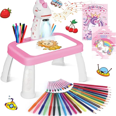 Kids' Unicorn Drawing Projector Table Set (Battery-Required) - 9 Projection Discs, 54 Patterns, Watercolor Pens, Pencils, Crayons, Coloring Book, Stickers, Eraser, Art Markers Pen - Craft Kit - Cool Preschool Gifts for Toddler Girls, Christmas Gift Ideas,