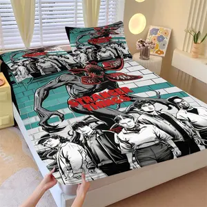 Stranger Things Season 5 Fitted Sheet Set, 1 Fitted Sheet & 2 Coreless Pillowcases, Main Characters and Iconic Monsters, Soft Anti-Slip Durable, Sci-Fi Horror Bedroom Decor, Perfect for Fans Netflix Fans