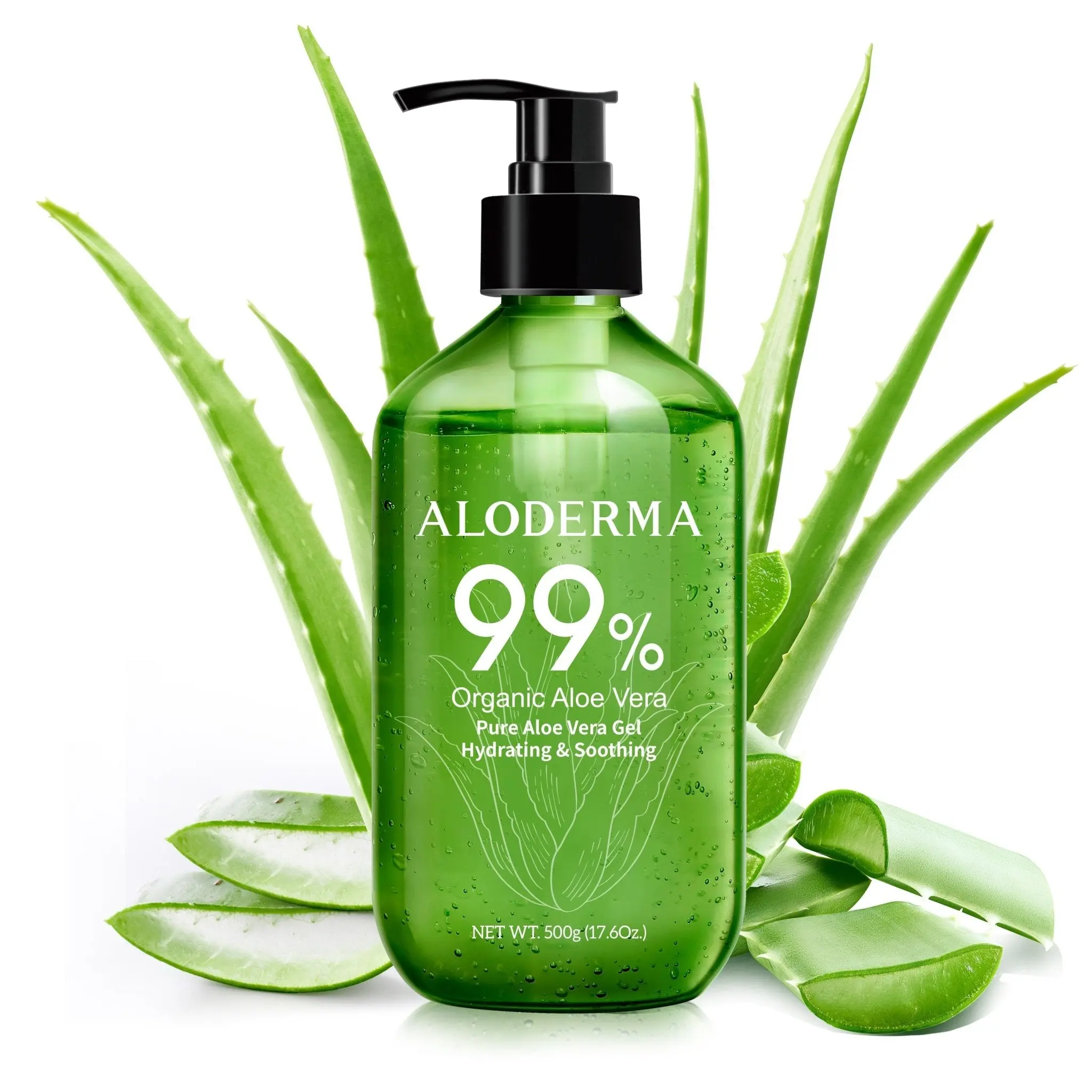 Aloderma Aloe Vera Gel - Large 17.6oz Value Pump - Made within 12 Hours of Harvest with 99% Organic Aloe Vera, Lightweight, Non-Sticky for Sunburns, Natural, Soothing Aloe Vera for Face & Hair