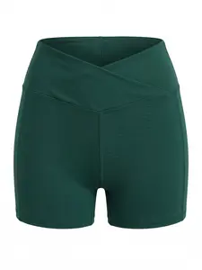 O2K4 Oxygen Cross Waist Yoga Shorts with Pockets for Women,  Crossover High Waist Lounge Biker Shorts