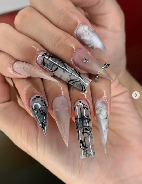 Smoky Graffiti Extra Long Nails, Black Abstract Cyber Goth Press Ons, 3D Cloud Piercing Edgy Stiletto Nail Set