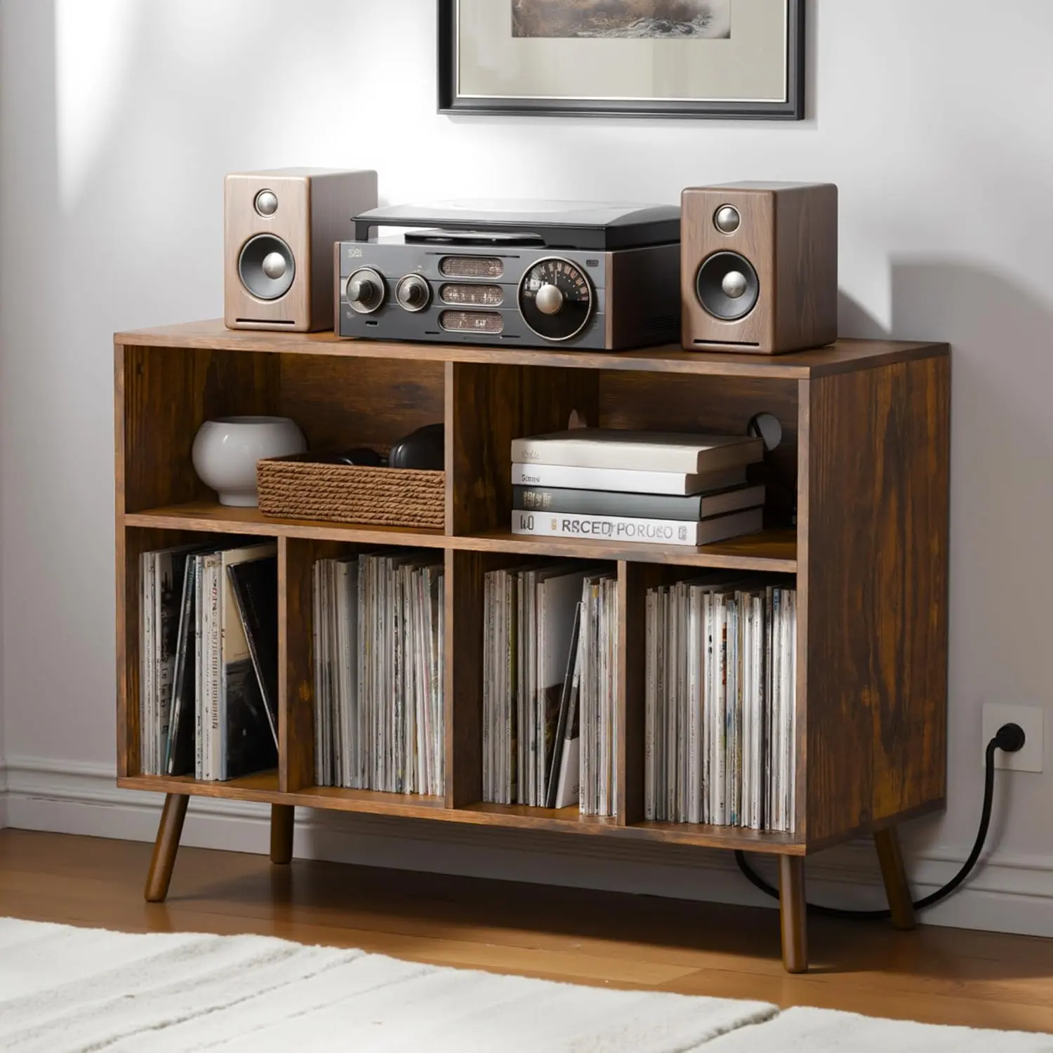 Record Player Stand with Vinyl Storage Cabinet, Wood Turntable Table Open Shelf Holder Up to 350 Albums Cube Storage Organizer for Living Room, Office