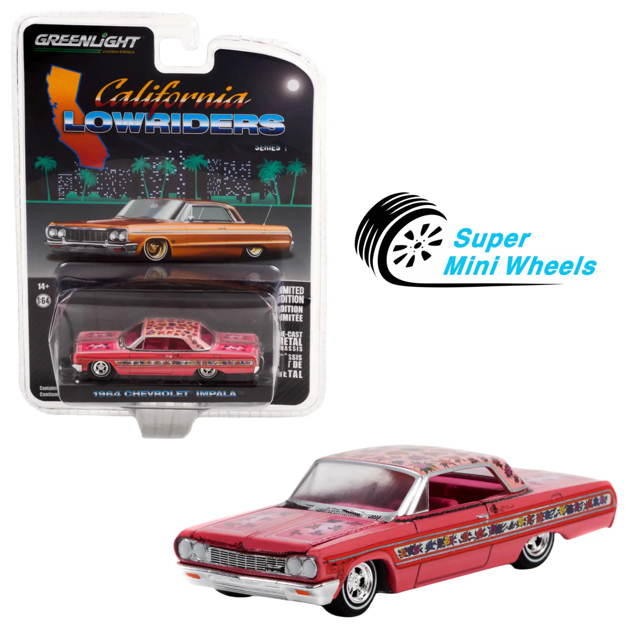Greenlight 1:64 California Lowriders 1964 Chevrolet Impala Lowrider - Pink with Roses #63010-A