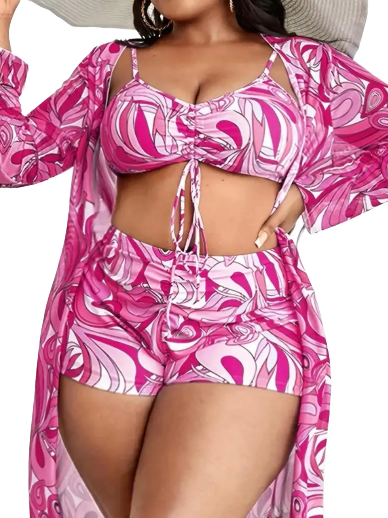 Plus Size All Over Print Swimsuit Set, Boho Ruched Swim Top & Swim Shorts & Long Sleeve Cover Up Set, Summer Outfits, Women's Three-piece Swimwear for Summer Beach, Swimsuits Set, Paisley Print Swimsuit, Beach Holiday Swimsuit