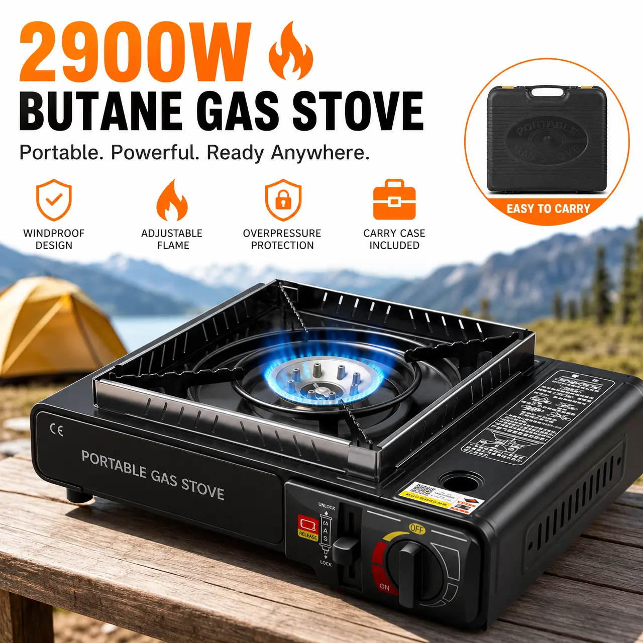 Multifunctional Butane Gas Cooker with Carry Case - Windproof Shield, Adjustable Flame Alloy Burner, Compact Design for Indoor/Outdoor Cooking (Tools & Hardware)
